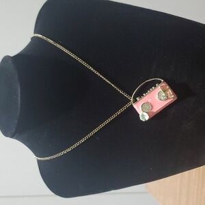 Retro Pink Radio Pendant Costume Jewelry necklace 29" gold tone chain